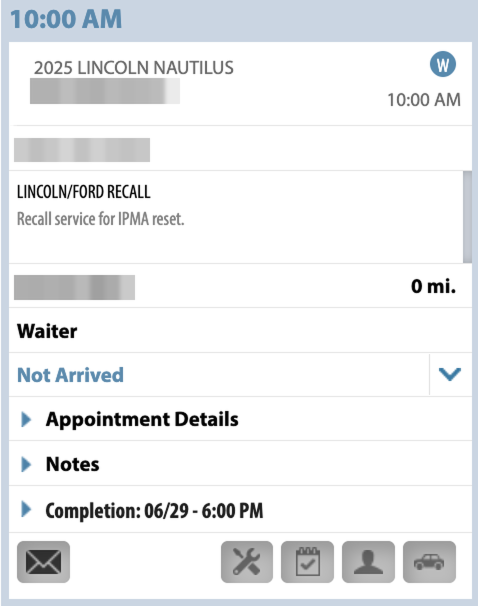 Xtime appointment booked by the AI: recall service, waiter, 10:00 AM