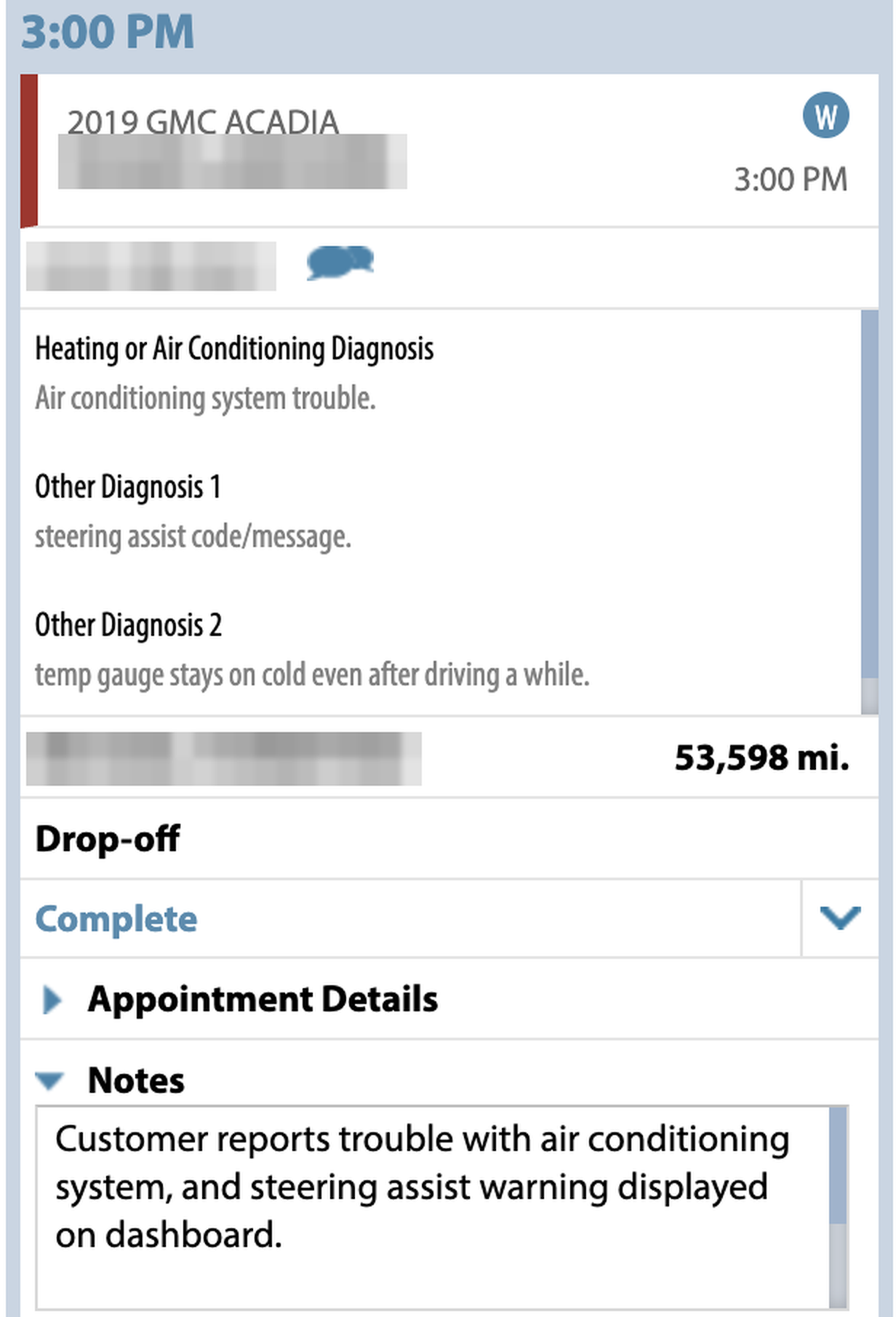 Xtime appointment booked by the AI: A/C and steering concerns, drop-off, with the AI's notes